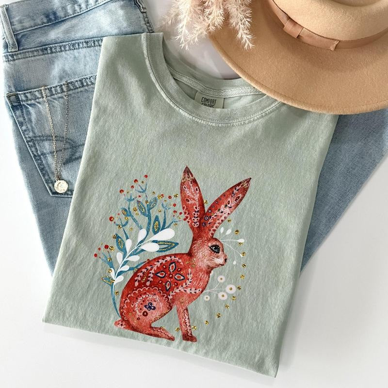 Folk Art Rabbit, Easter, Scandinavian Comfort Colors Tshirt, Women's Crew Neck, Crewneck Hoodie Sweatshirt