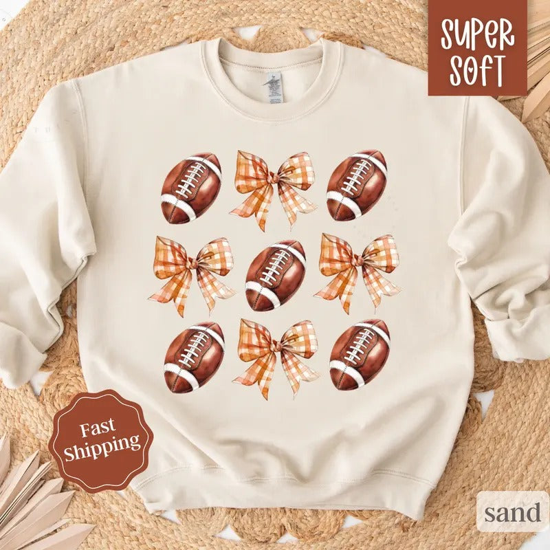 Football Bow Sweatshirt, Game Day Football Crewneck, Womens Sweatshirt, Fall Sweater fall coquettestyle{n002}2 T-Shirts,...