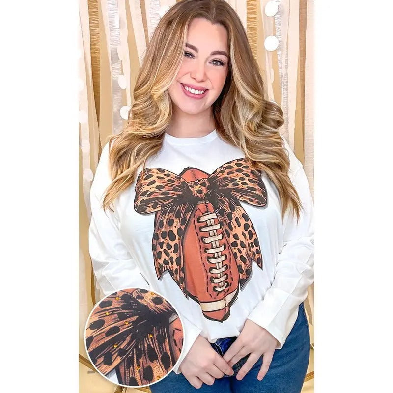 Football Cheetah Bow Rhinestone Graphic Long Sleeve Shirt Hoodie Sweatshirt | PrintMintTees.com