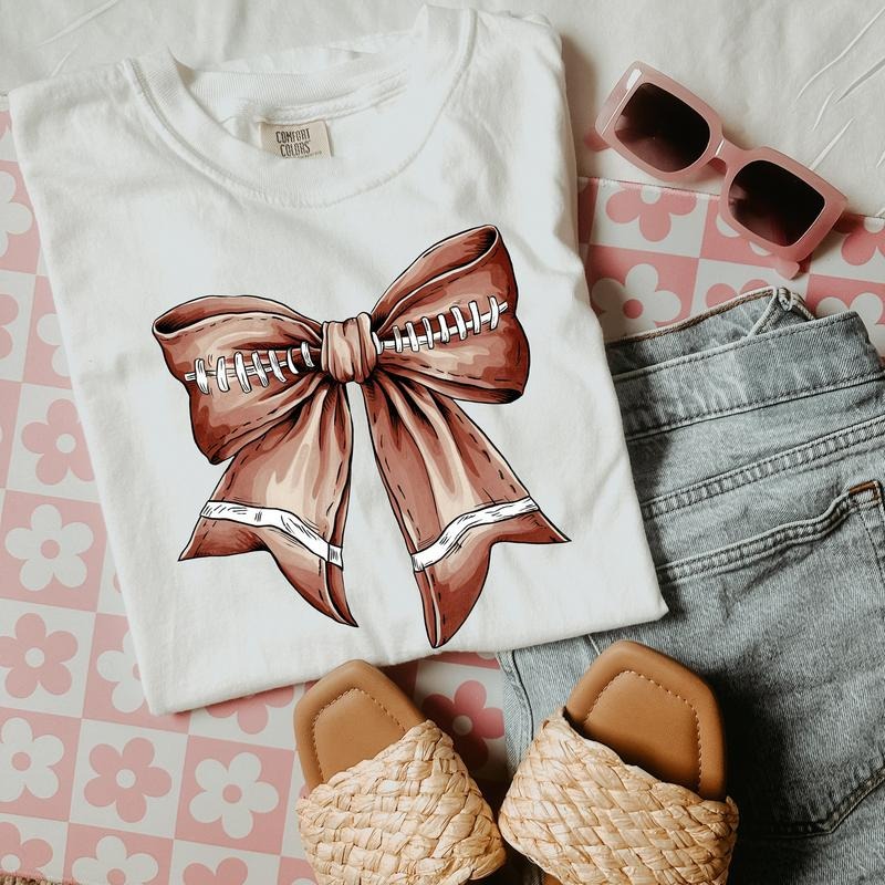 Football Shirt, Football Mom Shirt, Football with Coquette Bow T-Shirts for Women, Fall Shirt, Football Season Hoodie...
