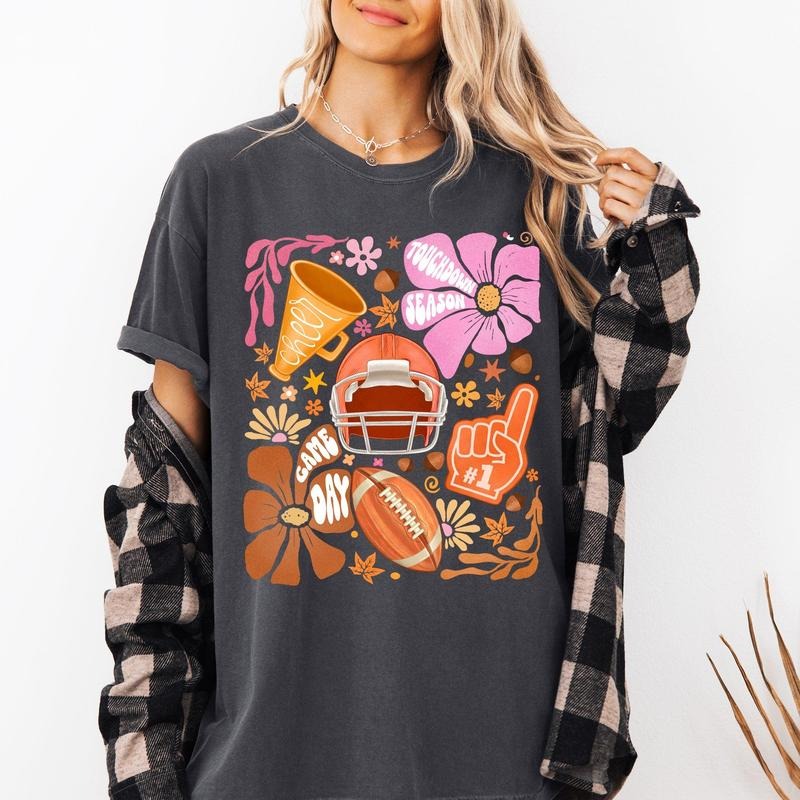 Football, Floral, Girly, Sports, Game Day, Big Game, Touchdown, Tailgate Party Tshirt, Women's Comfort Colors Tshirt,...