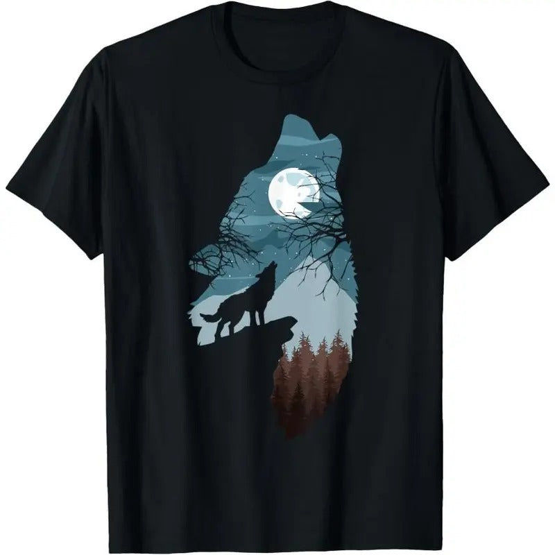 Forest with Full-Moon and Cliff Of Silhouette Howling Wolf T-Shirt Hoodie Sweatshirt | PrintMintTees.com