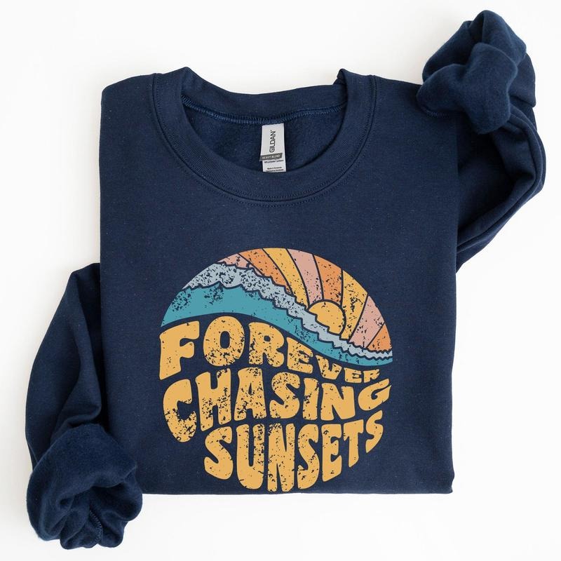 Forever Chasing Sunsets, Beach, Retro Sweatshirt, Women's Crew Neck, Crewneck T-Shirts, Hoodie | PrintMintTees.com