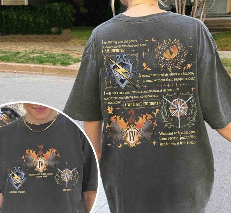 Fourth Wing Iron Squad Two Sided Comfort Colors Shirt, Onyx Storm Brave The Dark, Fourth Wing Badges Bookish Tee, Dragon...