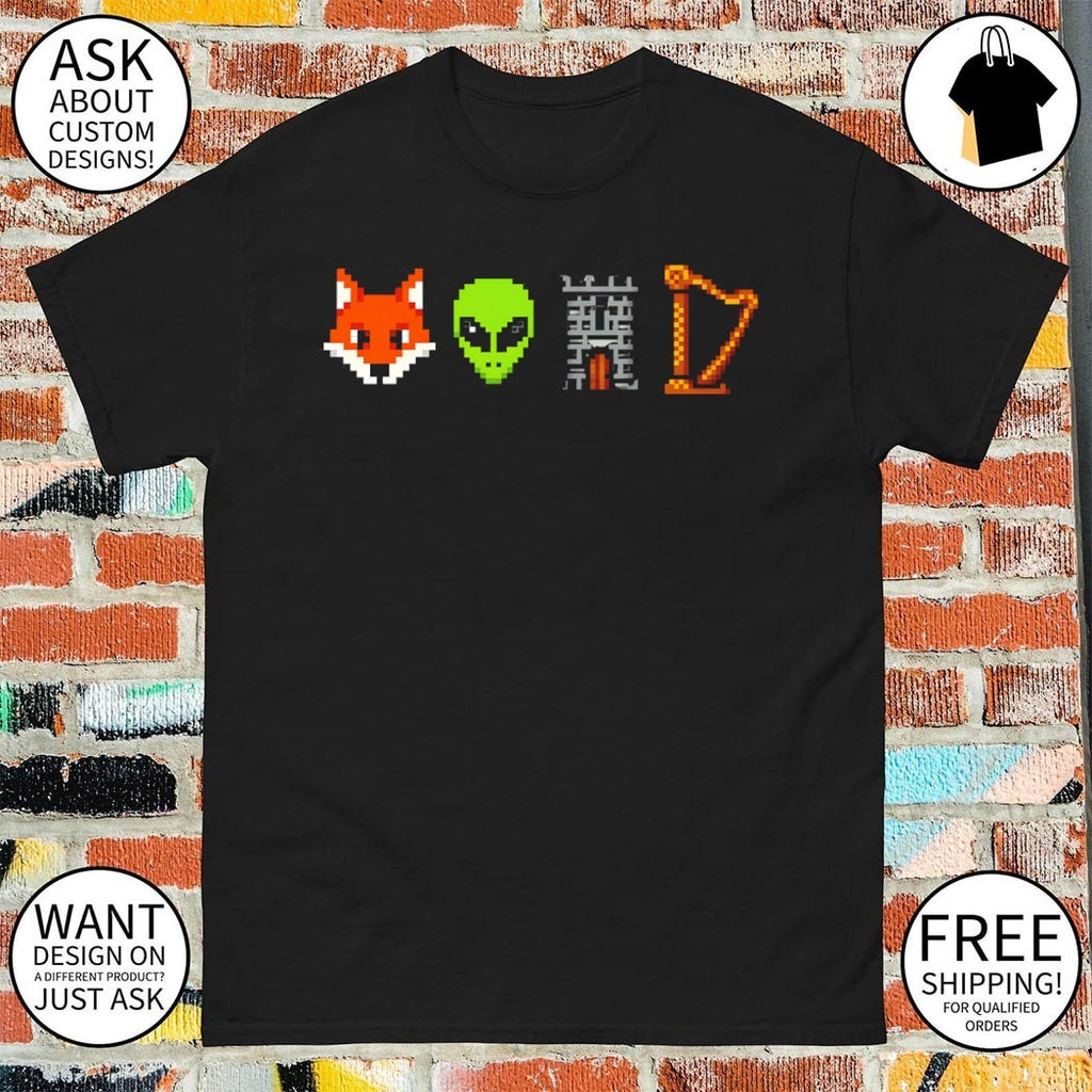 Fox Alien Castle Harp pixel art design icon Spurs Basketball Players shirt