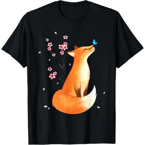 Fox Japanese Cherry Blossom Flower Vintage Gift T-Shirt Made in USA Hoodie Sweatshirt | PrintMintTees.com