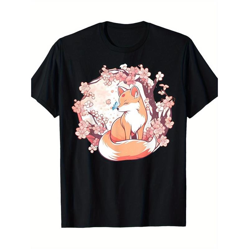 Fox Japanese Sakura Flower Butterfly Vintage 100% cotton T-shirt Made in USA Hoodie Sweatshirt | PrintMintTees.com