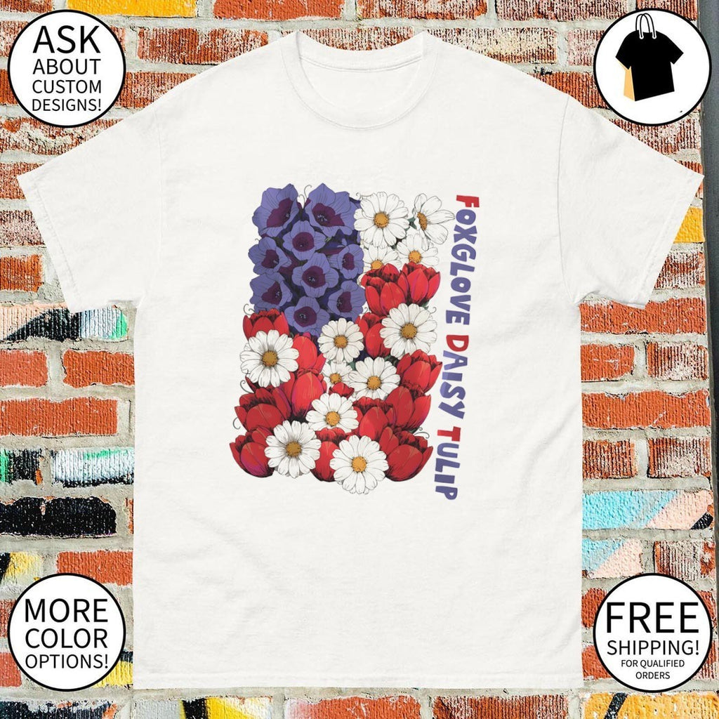 Foxglove Daisy Tulip USA Flag Floral Fourth of July America 250th Anniversary shirt