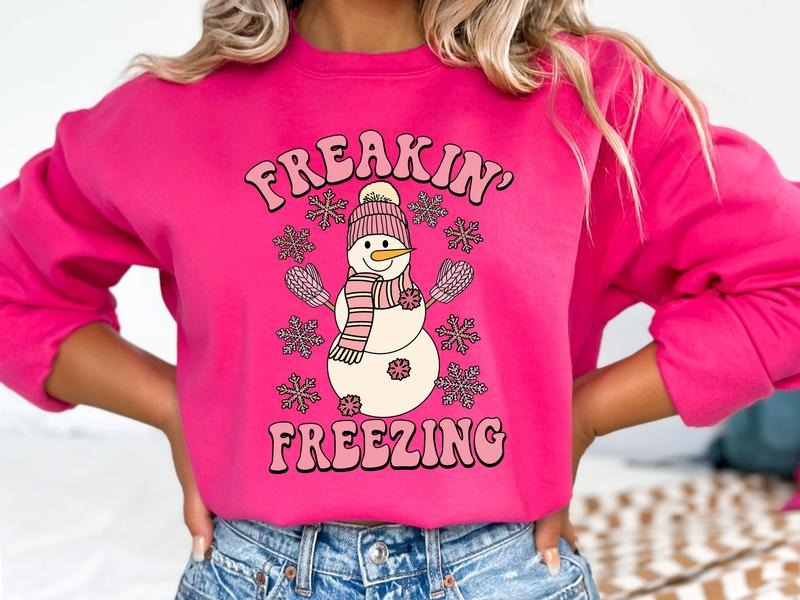 Freaking Freezing Snowman Gildan Sweatshirt in Heliconia Shirt Hoodie | PrintMintTees.com