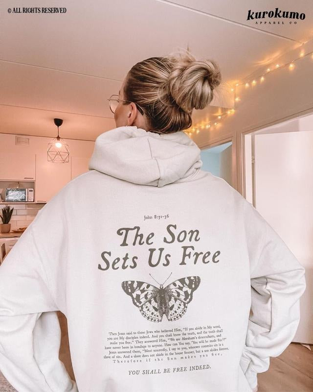 Free Indeed Bible Verse Hoodie Christian Butterfly Sweatshirt Cotton Menswear Shirt | PrintMintTees.com
