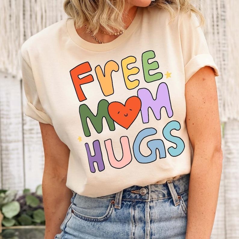 Free Mom Hugs Tshirt, Cute Doodle Mom Shirt, Rainbow Gay Pride T-Shirt, Lgbtq Parent Shirt, Equality Gifts, Rainbow Heart...