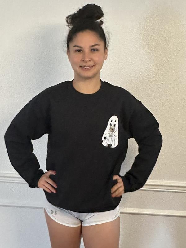 French Bulldog Halloween Ghost Embroidered Crewneck Sweatshirt Shirt Hoodie | PrintMintTees.com
