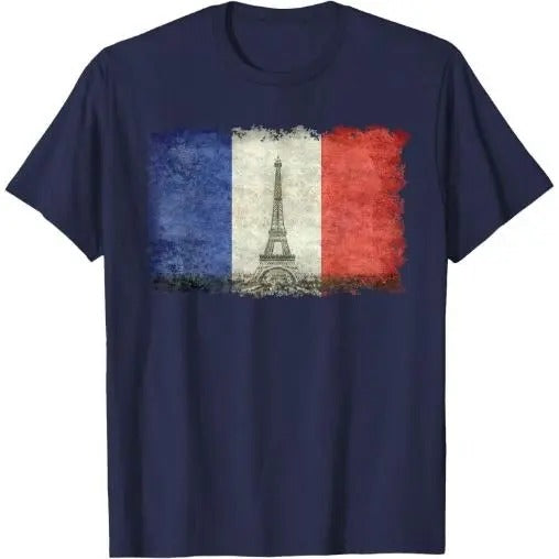 French Flag Vintage Postcard Style with Eiffel tower T-Shirt Made in USA Hoodie Sweatshirt | PrintMintTees.com