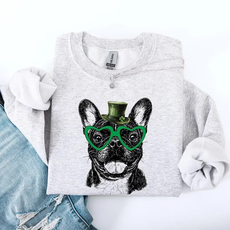 Frenchie, French Bulldog, Adorable Dog, St Patrick's Day, Lucky, Irish Sweatshirt, Crew Neck, Women's, Crewneck T-Shirts,...