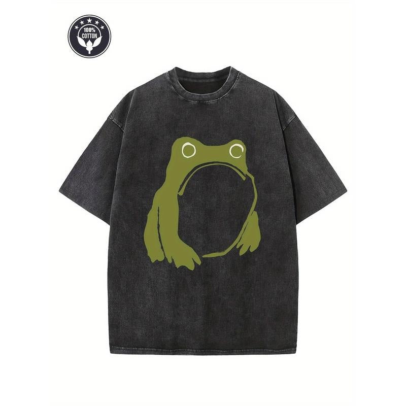 "Frog" Creative Pattern Printing Heavy Cotton Oversize Washed T-shirt Retro Street T-shirt Basic T-shirt Loose Hip Hop Men and Women Couple T-shirt Distressed Washed T-shirt, Washed T-shirt