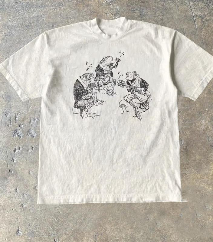 Frog Musicians 90s Retro Shirt, Vintage Frog Graphic T-Shirt, Cute Funny Frog Tee, Frog Lovers Cotton Tee, Unisex Beige...