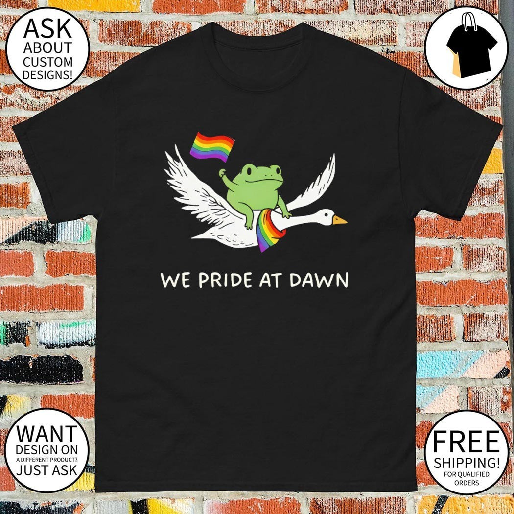 Frog riding goose with rainbow flags featuring we Pride at dawn LGBT shirt