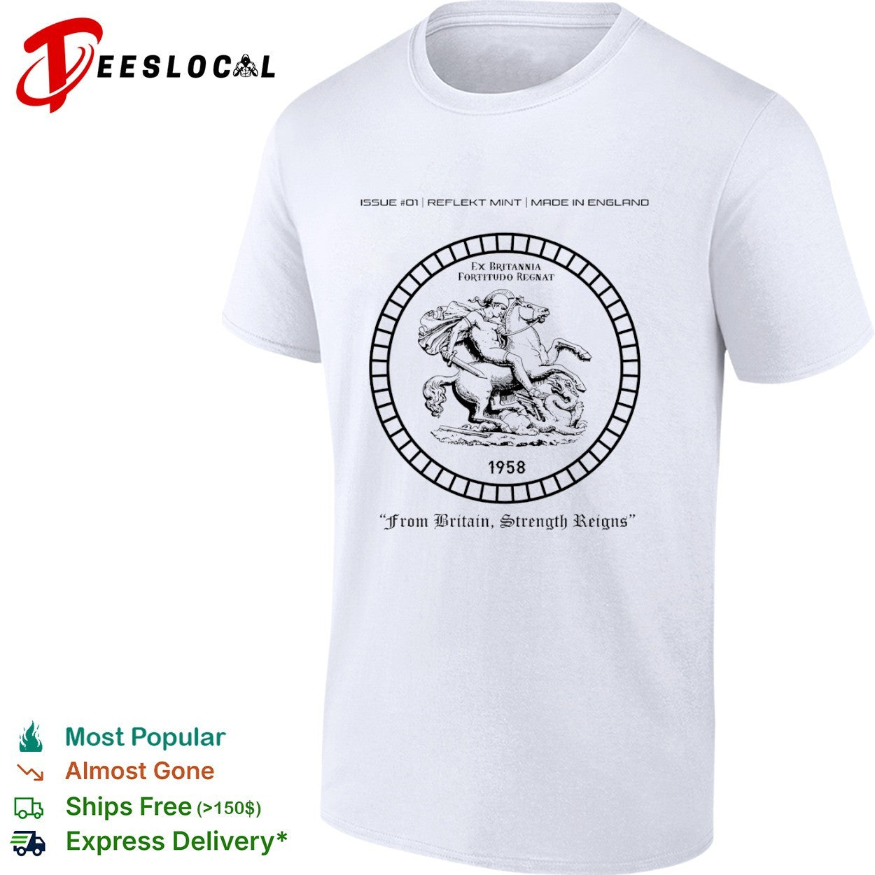 From Britain Strength Reigns sovereign 1958 knight horse graphic shirt