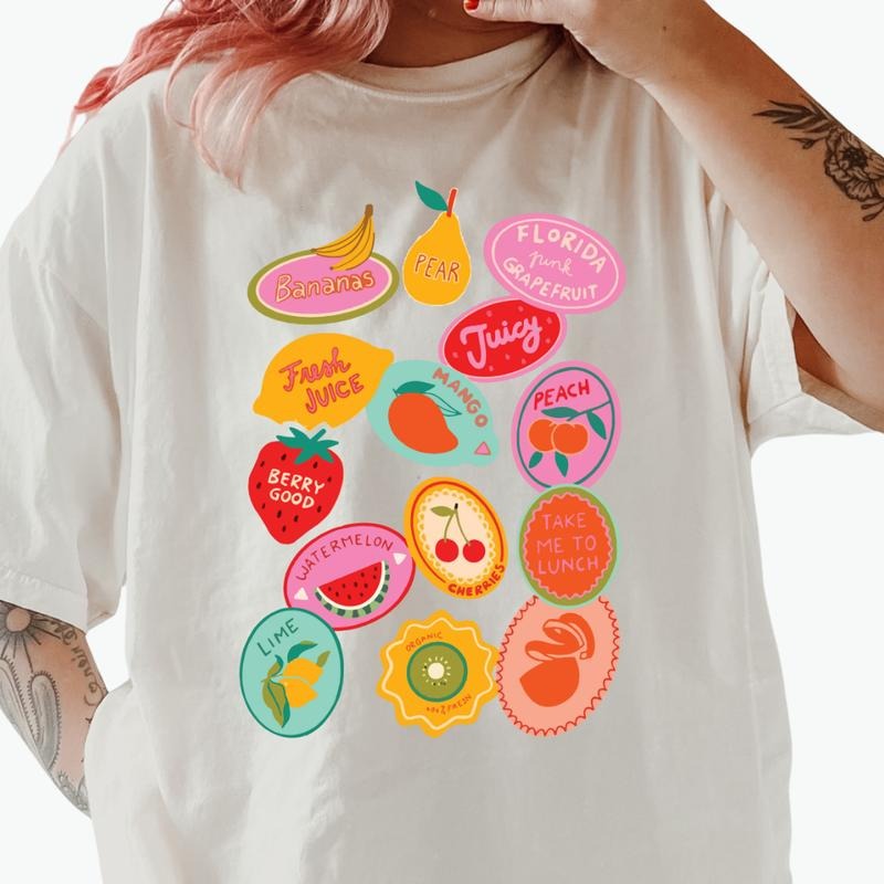 Fruit Stickers Graphic Shirt ~ Unisex Apparel Relaxed Fit Printed In The USA Clothing Womenswear Casual Comfort Cotton...
