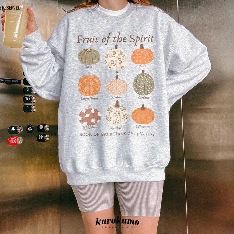 Fruit of the Spirit Bible Verse Crewneck Pumpkin Botanical Sweatshirt Cotton Womenswear Shirt Hoodie | PrintMintTees.com