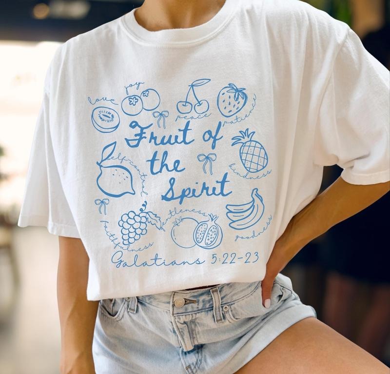 Fruit of the Spirit Christian Shirt, Doodle Bible Verse Shirt, Preppy Beach Tee, Trendy Farmer's Market Jesus Faith...
