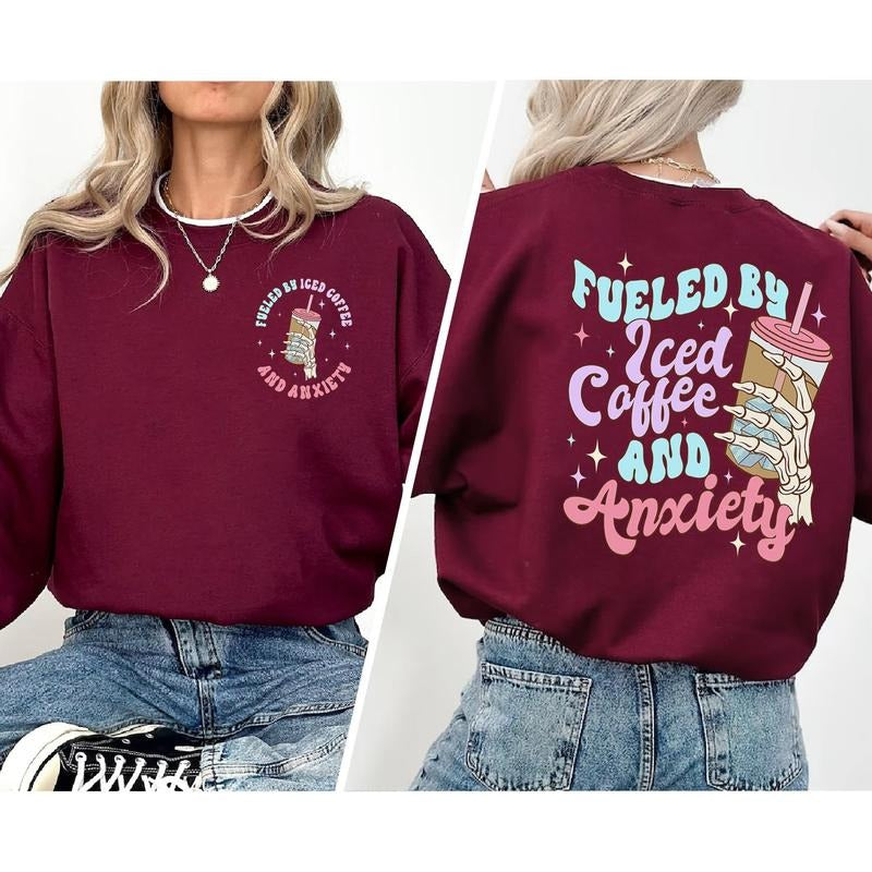 Fueled By Iced Coffee And Anxiety Shirt Mom Iced Coffee Tshirticed Coffee And Anxiety T-shirttrendy Anxiety Teemama...