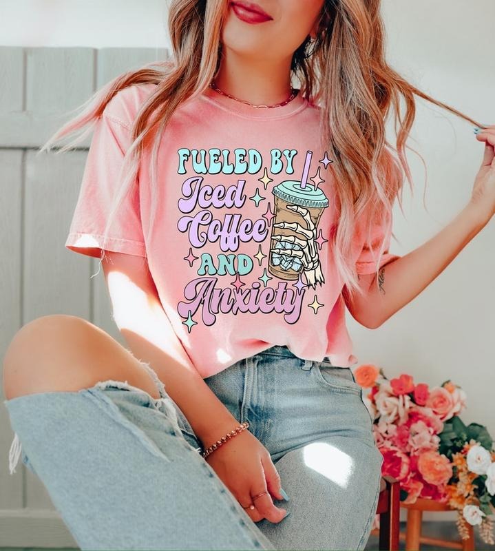 Fueled by Iced Coffee and Anxiety Shirt,Mother's Day Shirt, Mom Iced Coffee Tshirt, Mama Anxiety Shirt Tshirt, Coffee...
