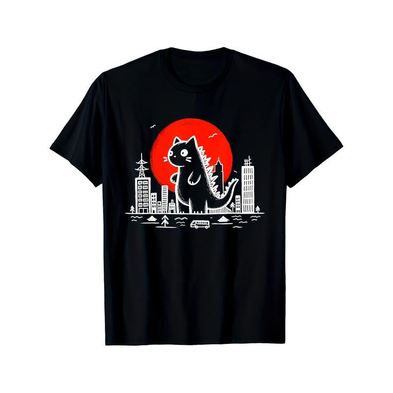 Full Cotton Monster Cat Memes Retro Japan Kawaii Kaiju T-Shirt - Soft, Breathable, and Comfortable Men's Tee - 10000...