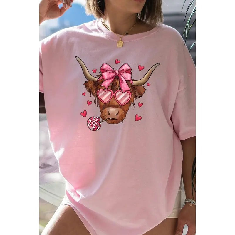 Full Of Love Highland Cow Short Sleeve Relaxed Fit T-Shirt Hoodie Sweatshirt | PrintMintTees.com