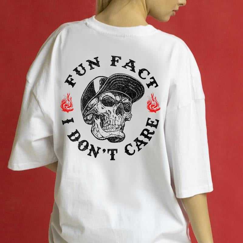Fun Fact I Dont Care Funny Skeleton Sarcastic Tee Pure Cotton Casual Street Style Crew Neck Short Sleeve T-Shirt Tops...