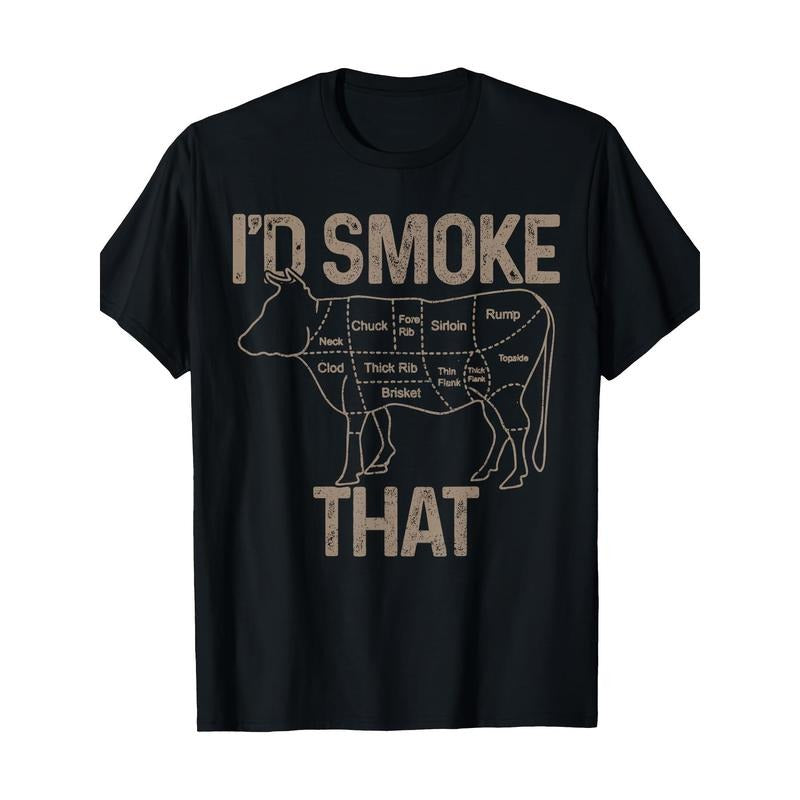 Funny 'I'd Smoke That' BBQ Chef & Butcher Graphic Tee - 100% Cotton, Casual Round Neck T-Shirt for Men made in usa Hoodie...