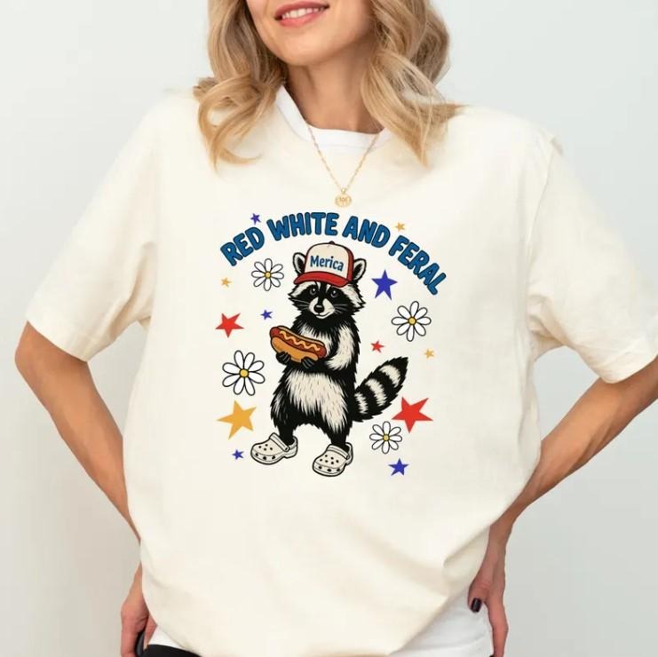Funny 4th Of July Shirt, American Shirt, Feral And Free Shirt, Funny Raccoon Hot Dog Shirt Hoodie Sweatshirt