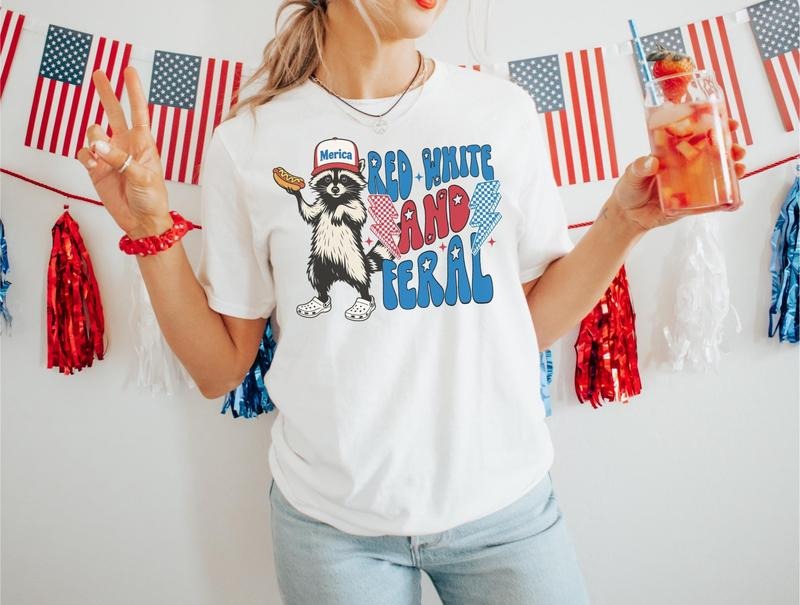 Funny 4th of July Shirt, Feral Raccoon Tee Shirt Feral Girl, Red White and Feral Shirt, Independence Day, Patriotic,...