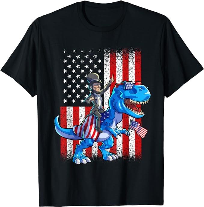Funny 4th of July Shirts For Men, Dino Abraham Lincoln 4th Of July Shirt Boys American Flag T-Shirt Menswear Top Hoodie...