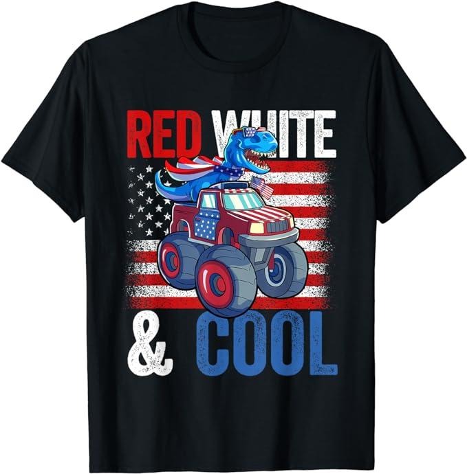 Funny 4th of July Shirts For Men, Dinosaur Monster Truck Dino 4th Of July Boys American Flag T-Shirt Menswear Top Casual...