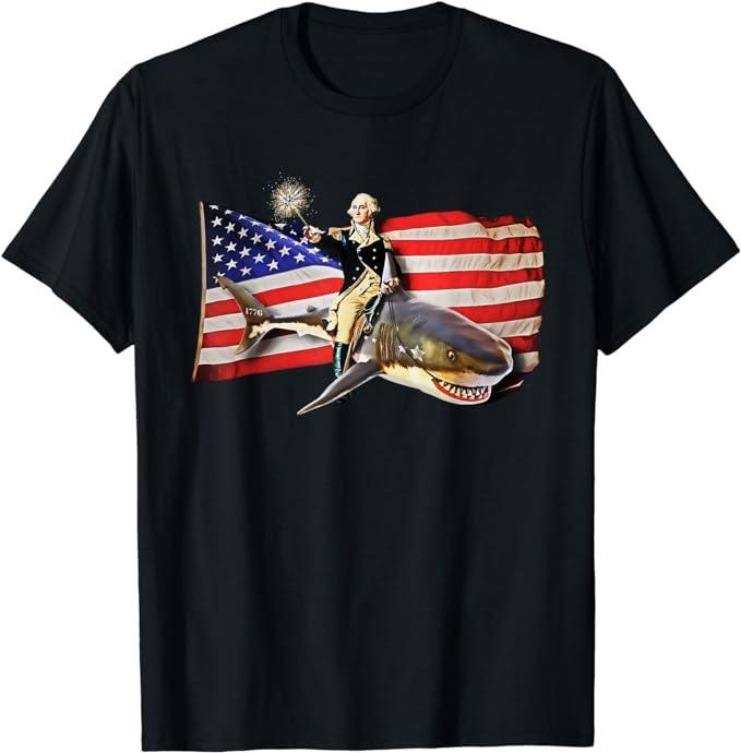 Funny 4th of July Shirts For Men, Washington Riding Shark T Shirt Funny July 4th American Flag T-Shirt Menswear Top...