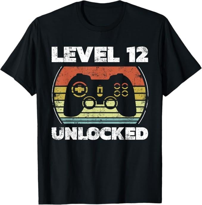 Funny Birthday Shirts, Level 12 Unlocked Funny Video Gamer 12th Birthday T-Shirt