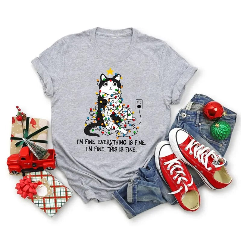 Funny Cat Christmas Shirt Everything Is Fine Christmas Shirt Christmas Lights Cat Shirt Cat Lover Shirt Hoodie Sweatshirt