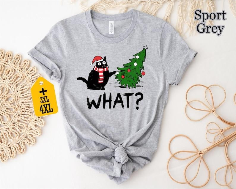 Funny Cat Christmas Shirt What Christmas Tree Knocked Over Tee Cute Holiday Cat Lover T-Shirt Humorous Xmas Gift for Pet...