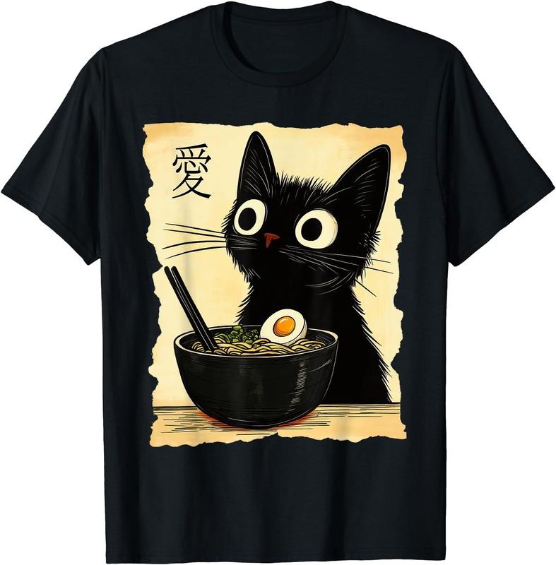 Funny Cat Ramen Japanese Kawaii Anime Cat Cotton Short Sleeve T-Shirts, Hoodie, Sweatshirt