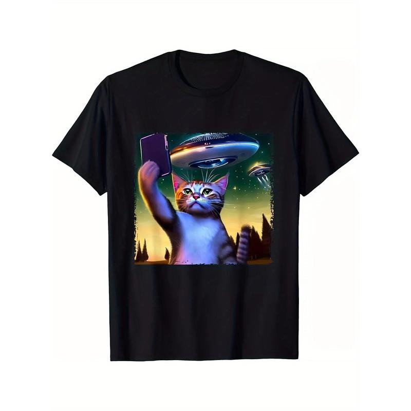 Funny Cat Selfie With UFO Printed Men's Cotton T-shirt made in usa Hoodie Sweatshirt | PrintMintTees.com