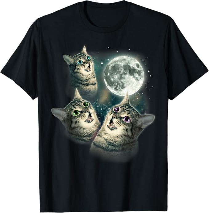 Funny Cat Shirts, Funny Cat Shirt Three Cat Moon 3 Wolfs Cute Kitten Graphic T-Shirt
