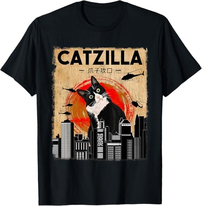 Funny Cat Shirts, Vintage Catzilla - Funny Tuxedo Cat And Kitten T-Shirt