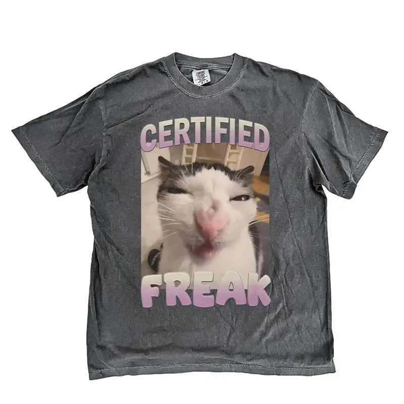 Funny Certified Freak Cat Meme Graphic Shirt, Vintage Funny Cat T-Shirt, Retro Washed Distressed Tee, Cat Lovers Gift,...