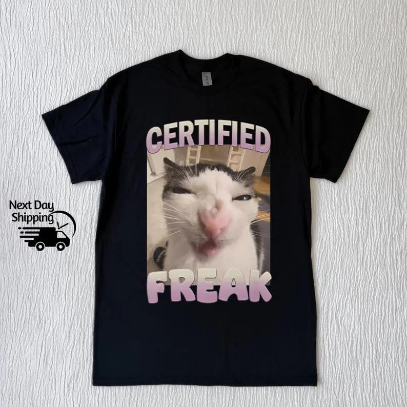 Funny Certified Freak Cat Meme Graphic Tshirt, Vintage Funny Cat T-Shirt, Retro Washed Distressed Tee, Cat Lovers Gift,...