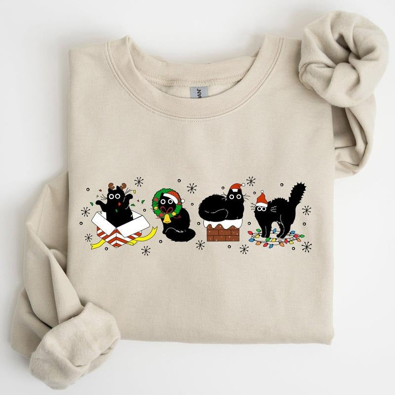 Funny Christmas Cats, Black Cat, Santa, Xmas Sweatshirt, Crew Neck, Women's, Crewneck T-Shirts, Hoodie | PrintMintTees.com