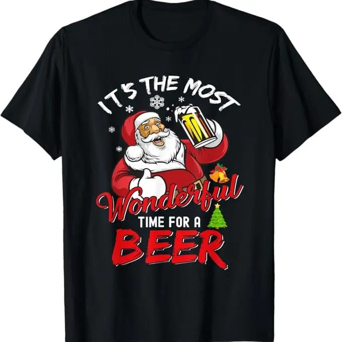 Funny Christmas Shirt, Christmas Gift, Funny Christmas Santa Claus Drinking Beer Wonderful Time T-Shirt