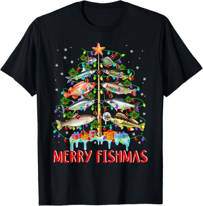 Funny Shirt Merry Fishmas Funny Tree Lights Fish Fishing Rod Menswear Top T-Shirts, Hoodie, Sweatshirt