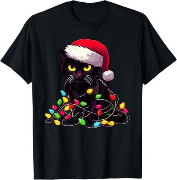 Funny Christmas Shirts, Black Cat Christmas Lights Funny Cat Lover Xmas Santa Claus T-Shirt