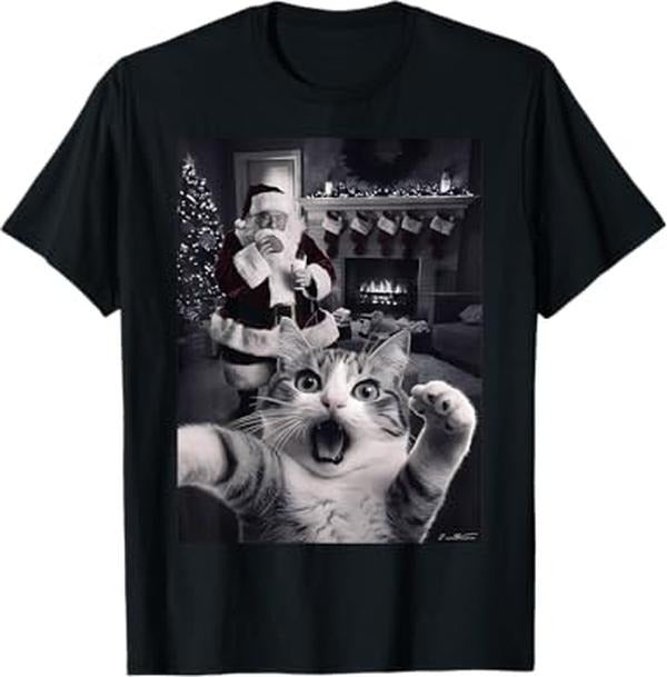Funny Christmas Shirts, Funny Cat Selfie With Santa Christmas T-Shirt - Menswear Top Hoodie Sweatshirt | PrintMintTees.com